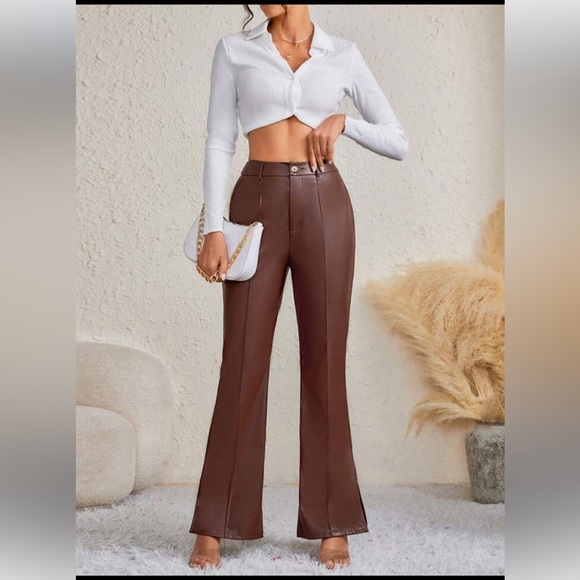 SHEIN Pants - SHEIN Brown Faux Leather Flare Pants